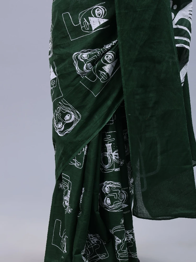 Bottle Green Printed Malmal Cotton Saree-3.webp